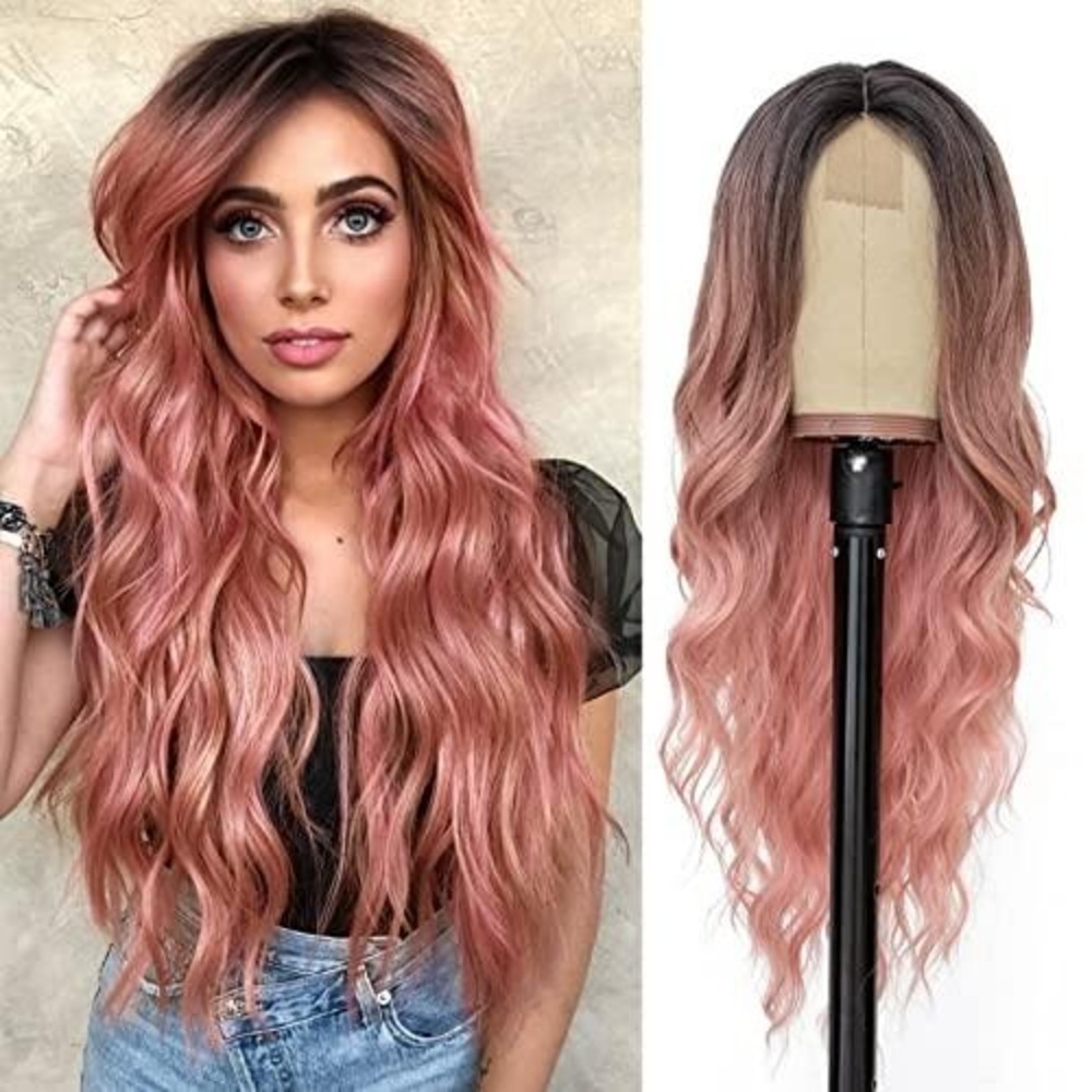 Long Wavy Ombre Pink Wig Dark Roots Synthetic Heat Resistant Layered‎ Hair